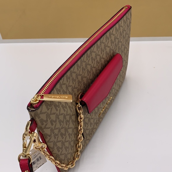 Michael Kors Jet Set LG 2 in 1 card case wristlet Wallet CARMINE PINK SIGNATURE - Picture 11 of 15